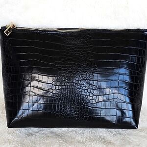 Aqua Black Clutch with Crocodile Pattern With Gold Zipper